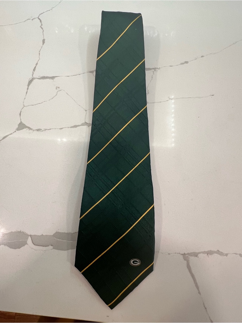 NFL Branded Green and Gold Diagonal Stripe Men's Silk Tie with GB Packers Logo